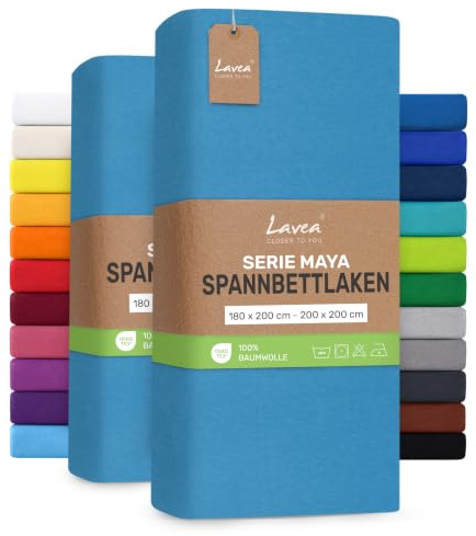 Lavea® 2er Pack Jersey Spannbettlaken 180/200x200cm – Himmelblau | 100% Baumwolle – Weiches Bettlaken für Matratzen bis 20 cm Höhe – Formstabil und Langlebig