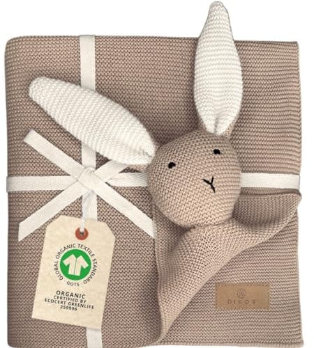 DIKOS® Original Babydecke SCHMUSE-Hase (beige braun) – Premium 2-in-1 Neugeborenen Kuscheldecke & Schmusetuch – aus weicher gestrickter Bio-Baumwolle (GOTS/Oeko-TEX) – schönes Babygeschenk zur Geburt