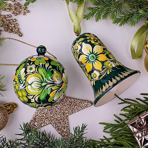 Exklusiver Christbaumschmuck Set aus Holz - Christbaumkugel und Weihnachtsglocke Anhänger 6.5 cm Handbemalte Blumenmuster Weihnachtskuge lässt sich öffnen, Kunsthandwerk aus der Ukraine