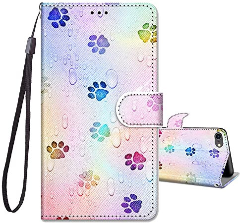 JRIANY for iPhone SE 2022 / iPhone SE 2020 / iPhone 7 / iPhone 8 Case, PU Leather Wallet Case with Pattern Cute Design Shockproof Cover Flip Case, Footprint