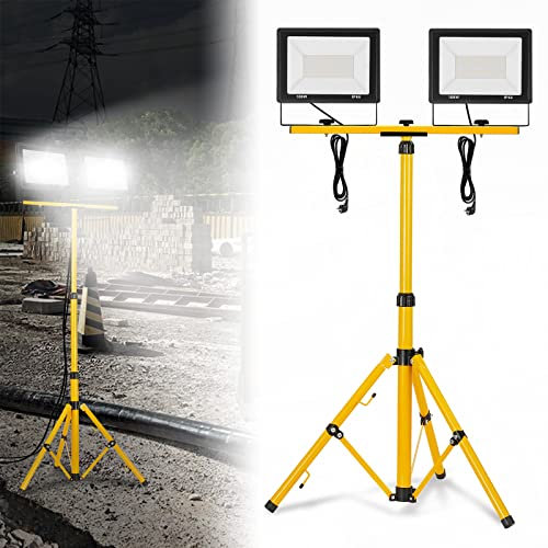 LZQ LED Baustrahler 2 * 100W Kaltweiß Arbeitsleuchte 8500LM Scheinwerfer mit Stativ und Netzkabel, Arbeitsscheinwerfer IP66 Wasserdicht LED Fluter mit Stecker, Bauscheinwerfer für Werkstatt Baustelle