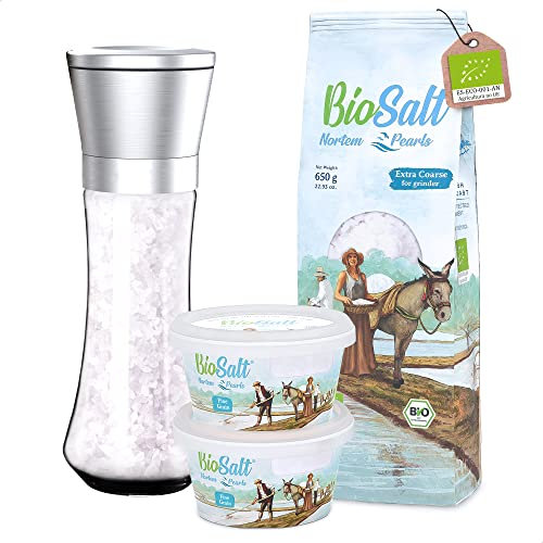 BioSalt Nortem Pearls Sal Marina Virgen Ecológica 2x200 g Tarrinas Fina + 650 g Bolsa Extra Gruesa + Molinillo. Sal Gourmet 100% Natural. Rica en Minerales. Cocina Sana. Sin Refinar, Sin Conservantes.
