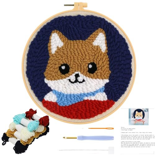 JSRQT Stanznadel-Stickerei-Starter-Kit,Punch Needle Embroidery Starter Kit, Anfänger Stickset für anfänger,Stickerei mit Stanzer (Hund)