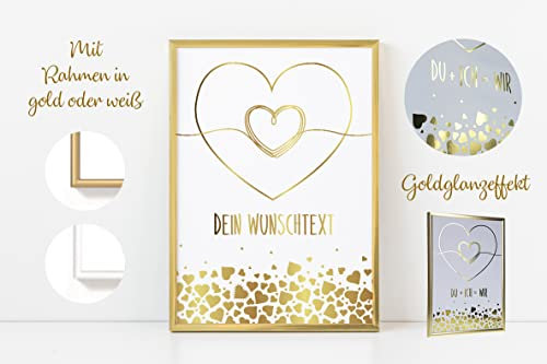 LOVEGOALS -Personalisiertes Poster GOLD GLÄNZEND Herzmotiv mit Wunschtext - Poster DIN A3 / DIN A4 Kunstdruck - Geschenk Jahrestag Valentinstag Liebesgeschenk für Sie und Ihn Frauen Männer