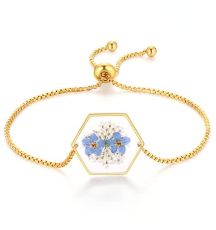 WESIHOO Armband mit gepressten Vergissmeinnicht-Blüten | Gold/Silber | Personalisierter, handgefertigter Schmuck | Geschenk für Frauen