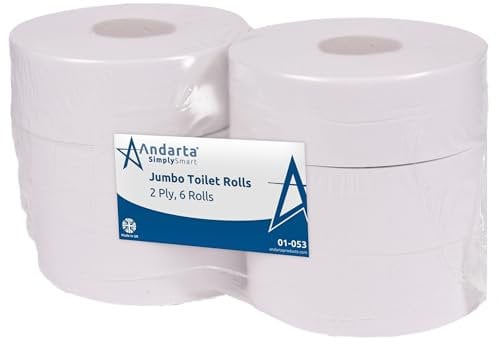 Andarta - 2Ply Jumbo White Toilet Rolls with 76mm Core - Pack of 6 High Capacity Toilet Roll - 300m Per Roll - Made from Recycled Materials - Suitable for All Jumbo Dispensers - Bulk Toilet Roll