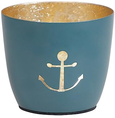 Seaside No.64 - Maritime Windlichter Baltic aus Metall mit ausgestanzten Motiven - Verschiedene Farbkombinationen für Teelichter & Stumpenkerzen in Haus und Garten (Anker - DKL.blau, Gold)