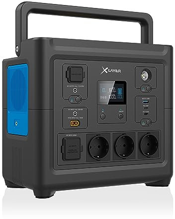 XLayer Powerstation 1000W I 835Wh I tragbare Powerstation I LiFePO4 I Stromgenerator I Mobile Stromversorgung I 8 Anschlüsse I 230V Steckdose I USB-C 100W PD I für Camping, Reisen Outdoor