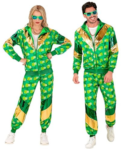 W WIDMANN MILANO Party Fashion - Kostüm Trainingsanzug St. Patricks Day, grün mit Kleeblättern, Irland, 80er Jahre Outfit, Jogginganzug