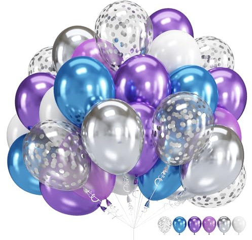 Palloncini metallizzati viola e blu, 60 confezioni da 30 cm, palloncini cromati blu viola argento con nastri per decorazioni per feste di compleanno, feste di congelamento, baby shower, laurea