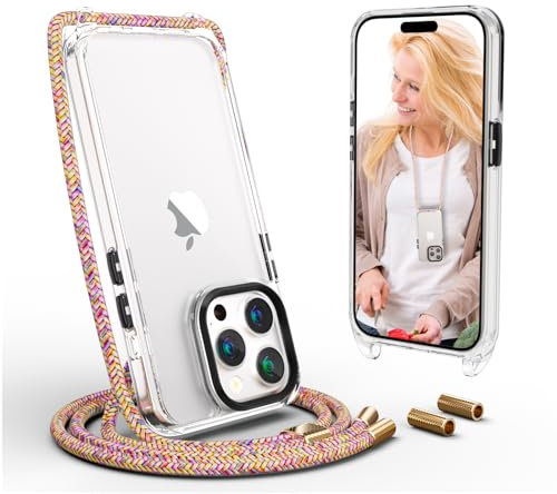 UYMO Handykette Hülle mit Band Für iPhone 15 Pro max 6.7-Necklace Transparent Handyhülle Case mit Strap Schnur Abnehmbar, Schutzhülle zum Umhängen Kordel, Regenbogen