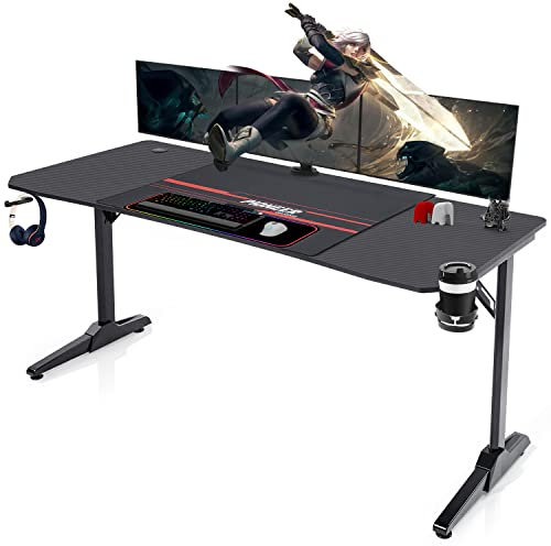 Devoko 160 x 60 cm Scrivania Gaming Ergonomica, Tavolo da Computer con Tappetini per Mouse, Portabicchieri per l'acqua e Ganci per le Cuffie,Scrivania Gaming con Piano del Tavolo in Fibra di Carbonio
