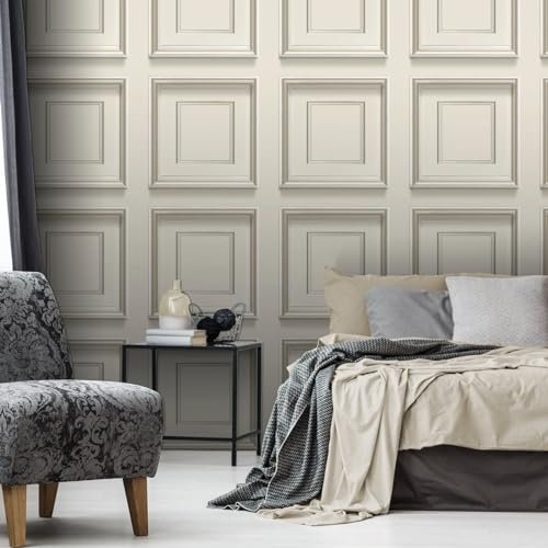 SOPHIE LAURENCE Cream Panel Effect Wallpaper Metallic Realistic 3D Wooden Panelling Effect Wallpaper - Paste The Paper for Living Room Bedroom Feature Wall (Sample)