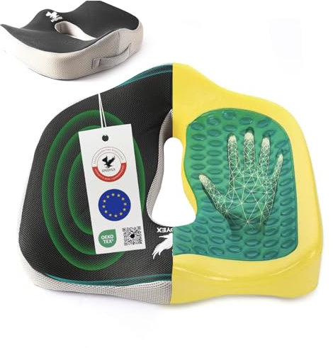 Spedyex Cojín Ortopédico de Espuma de Memoria para Silla de Oficina y Coche – Almohada Ergonómica para Aliviar Dolor de Coxis, Mejorar Circulación y Postura – Funda Lavable, Portátil, Color Gris