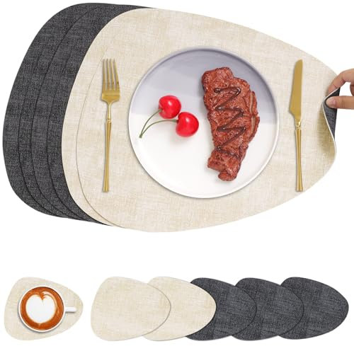 Chitomars Tischsets Kunstleder und Untersetzer, Tischsets Abwaschbar Doppelseitigen rutschfest Platzsets Rund Lederoptik Platzdeckchen Teller Untersetzer (6er Set, Cremeweiß)