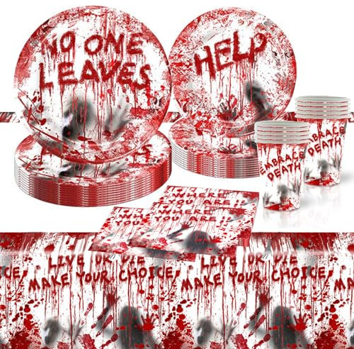 51Pcs Halloween Party Supplies Scary Bloody Hand Print Disposable Paper Plates Napkins Cups Tablecloth Bloody Handprints Tableware Set for Spooky Halloween Party Decorations Serve 10
