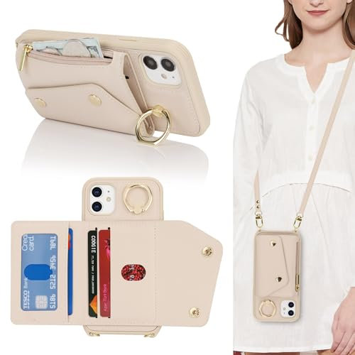Lipvina Hülle für iPhone 11 Hülle mit Band Kartenhalter handyhülle Hülle für iPhone 11 mit Reißverschluss Band Ring Ständer Case für Frauen - weiß