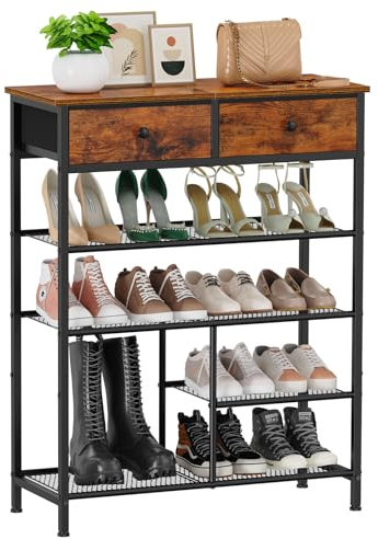 Snughome Zapatero, organizador de almacenamiento de zapatos de 5 niveles con 2 cajones, estantes de almacenamiento de zapatos con parte superior de madera resistente y estantes de metal, zapatero de