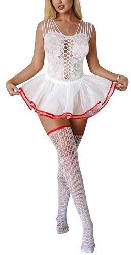 RSLOVE - Conjunto de lencería para mujer, con ropa sexy, camisón de malla y medias de rejilla, blanco, L