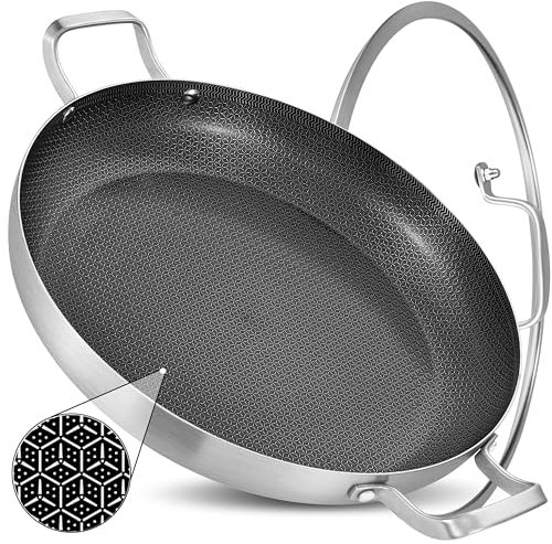 Inqibee 14-Inch Hybrid Tri-Ply Stainless Steel Paella Pan with Lid,Ceramic Non Stick Large Skillet,Induction Cooking Pan,Anti-Scratch,Dishwasher and Oven Safe