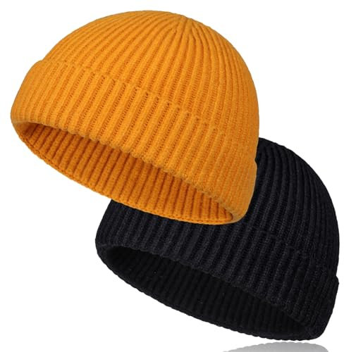 TSKNOMO Kurze Fischermütze aus Wolle für Herren, weiche Strickmanschette, Trawler Beanie-Mützen, warme Wintermützen für Damen, 2 Stück, Schwarz + Gelb, Einheitsgröße
