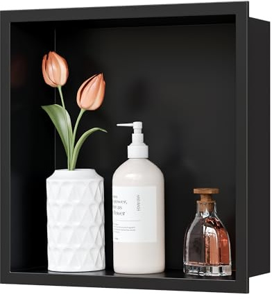 Qeke Embed Shower Niche of Stainless Steel, Recessed Wall Niche NO Tile Required, Waterproof Built-in Shower Caddy, Single Layer, 30x30x10 CM, Black