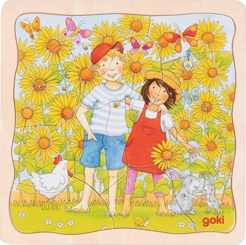 goki 57324 - Schichtenpuzzle Sonnenblumenfeld, 3 Schichten mit Motiven der Pflanzphasen auf einem Feld, fördert Motorik und Problemlösungsfähigkeit der Kinder, 20cm x 20cm, 35er Set, ab 3 Jahre