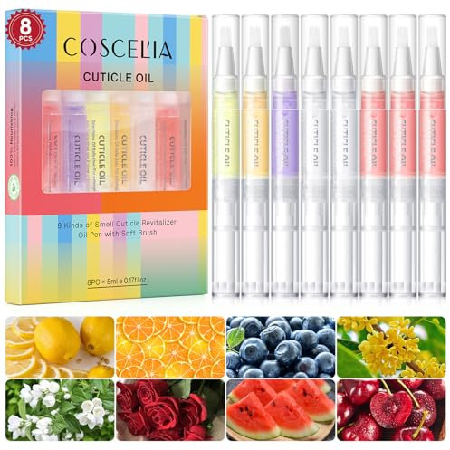 Coscelia Huile Cuticules Ongles Kit - 8 Pièces Cuticle Oil Stylo - Stylos à Huile pour Cuticules Mix Taste pour Réparer les Fissures et l'huile de Cuticule Sèche