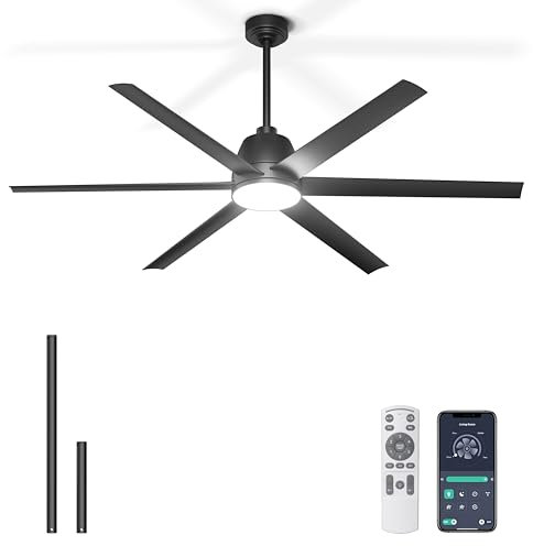 Phylluz Ventilador de techo grande de 65 pulgadas con luces, ventilador de techo industrial negro con control remoto y aplicación, 3CCT, regulable, interior y exterior, silencioso motor CC reversible