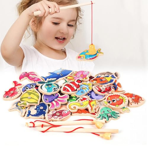 Angeln Spielzeug, 51 Stück Magnetisches Angelspiel mit 3 Angelruten, Holzspielzeug, Badewannenspielzeug, Wasserspielzeug, Lernspielzeug Geschenk für Kinder von 3 bis 6 Jahren
