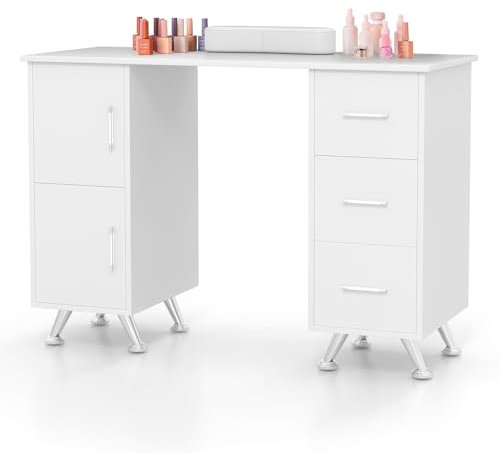 COSTWAY Manicure Table, Professional Nail Station Beauty Technician Desk with Wrist Rest, 3 Drawers and 2 Cabinets, 8 Metal Legs Art Spa Salon Workstation Nail Table (White)