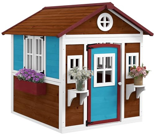 Outsunny Cabane Enfant extérieur, Maison Enfant extérieure, avec Porte, fenêtres et jardinières, cabane de Jardin pour Enfant 3-8 Ans, 114 x 126,4 x 135 cm, Marron