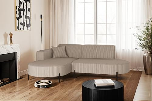 Kaiser Möbel - Ecksofa mit Wohnlandschaft, Eckcouch L Form, Sofa 3-sitzer, Polstersofa, Bequemes Couch mit Ottomane für Wohnzimmer, Relaxsofa, Cord Stoff, Metallfüße, Modena Rein, Dunkelbeige, Links