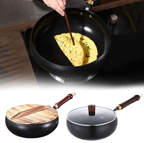 Handgeschmiedete Schmiedeeisenpfanne Unbeschichtet - Wärmespeicher-Kochpfanne für Küche, Vielfältige Rezepte & kulinarische Stile,Gusseisenbratpfanne (Holzdeckel + Glasdeckel + 2 schwarze Töpfe)