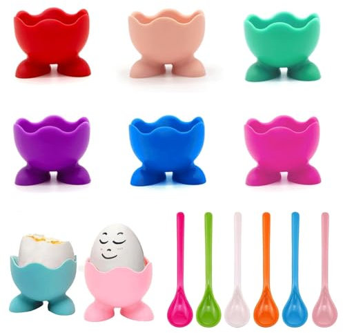 Wmzjnljy 6pcs Set Egg Cups and 6pcs Spoons Boiled Egg Holder Kitchen Silicone Egg Cups Set Egg Cups Colorful for Kitchen Boiled Eggs Breakfast Stack and Egg Cups Holders (Cup + Spoon)(Z121-12)