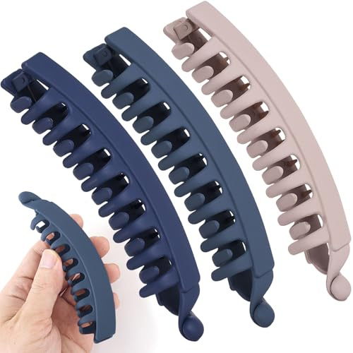 Winsyison 3pcs Banana Hair Clips, Non-Slip Large Hairstyle Claws for Women, Vintage 90s Double Combs Hairpin Accessories for Thick Thin Fine Curly Straight Long Hair- Dark Blue & Blue & Skin Color