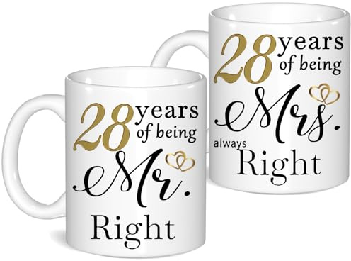 28 Year Anniversary Coffee Mugs Set of 2, 28th Anniversary Wedding Gifts for Wife Husband Parents Grandparents Men Women Him Her, 28 Year Valentines Engagement Couple Cups