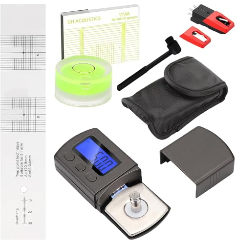 Lot de 6 pièces kit d'ajustement et de réglage pour tourne-disque : Set d'aiguilles pour tourne-disque, balance numérique pour bras de lecture avec azimut, niveau à bulle et gabarit de déport, brosse
