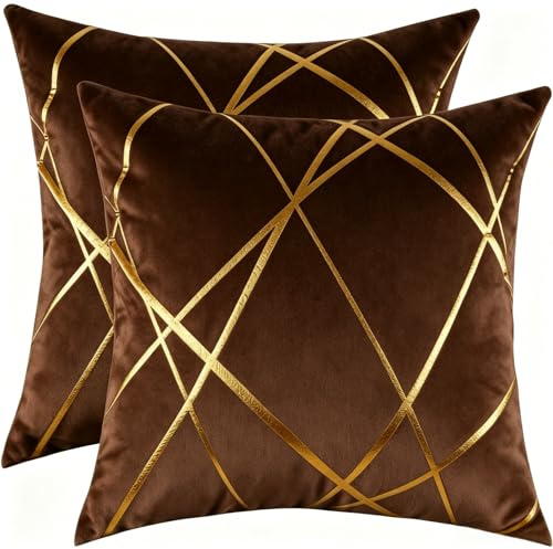 Miuyunya 2er Set Samt Kissenbezug Gold Line Art 40x40 Deko Kissen Wohnzimmer Modern Kissenhülle Beige Braun Sofakissen Kissenbezüge Dekorative Zierkissenbezüge Square für Sofa Schlafzimmer Couch