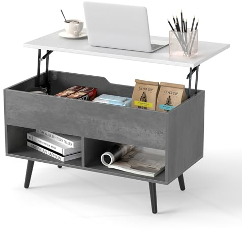 COSTWAY Table Basse Relevable, Table de Salon avec Rangement Caché, Compartiments Ouverts, Levage Pneumatique, pour Salon, Bureau, Chambre (Gris)
