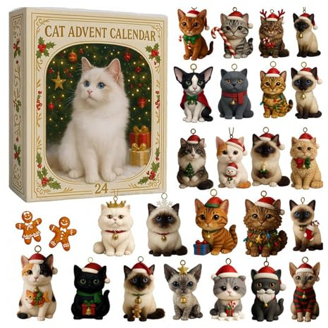 Cat Advent Calendars 2025,24 Days Christmas Countdown with 2D Acrylic Pendants,Cute Kitten Pendant Advent Calendars,Cartoon Kitten Christmas Tree Decorations Countdown Calendar for Cats Lovers (A)