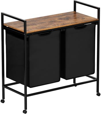 FetiNes Wäschekorb 2 Fächer, Wäschesammler mit Ablage, ausziehbaren & abnehmbarem Wäschesäcken, Wäschebox für Schlafzimmer, Badezimmer, mit Rollen, 2 x 42 L, 73 x 33 x 76 cm, Schwarz-Vintagebraun