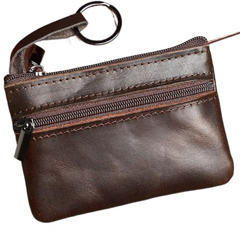 DHYUACN Münztasche Leder Mini Geldbörse Kopf Schicht Rindsleder Karte Tasche Handgemachte Reißverschluss Brieftasche Auto Schlüssel Fall Kurze Dame(Coffe)