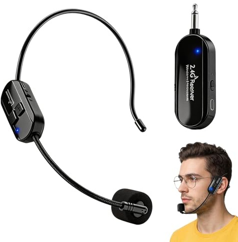 Wireless Mikrofon Headset,2.4G Kabelloses Mikrofon Funkmikrofon,Wiederaufladbares Drahtloses Mikrofon,Headset Mikrofon Kabellos Für Veranstaltungen,Besprechungen,6-8 Stunden Laufzeit,50M Reichweite