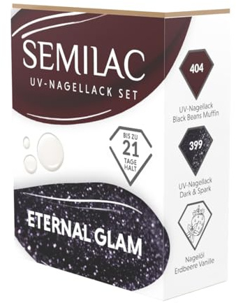 Semilac UV Nagellack Set Eternal Glam – 2 Gel Nagellack Farben Dunkelblau & Kastanienbraun 404 Black Beans Muffin + 399 Dark & Spark + Erdbeer Vanille Nagelöl