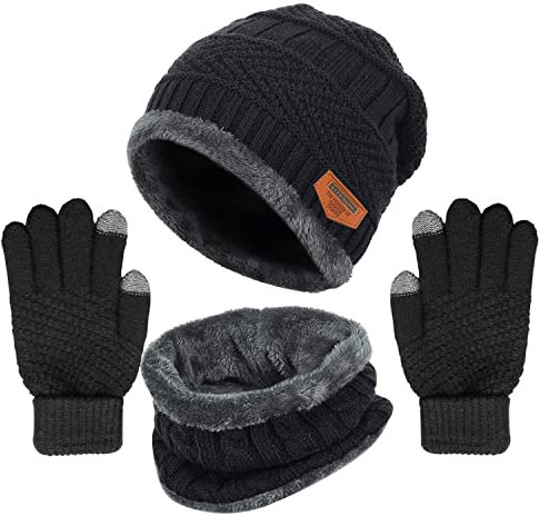 Winter Strickmütze Beanie Mütze Halswärmer Handschuhe Set, Fleece Gefüttert Totenkopf Kappe Infinity Schals Touchscreen Fäustlinge für Männer Frauen, schwarz, Einheitsgröße