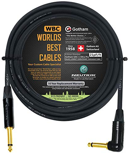 WORLDS BEST CABLES Gotham GAC-1 Ultra Pro - Cable de guitarra de baja capacidad (21 pf/pie) con conectores TS chapados en oro de Neutrik de 6,35 mm 20 M