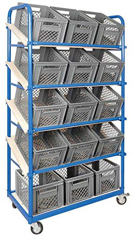 Schrägboden-Regalwagen mit 5 Ebenen, bestückt mit 15 Euroboxen 400x300x225 mm durchbrochen grau, 4 Lenkrollen