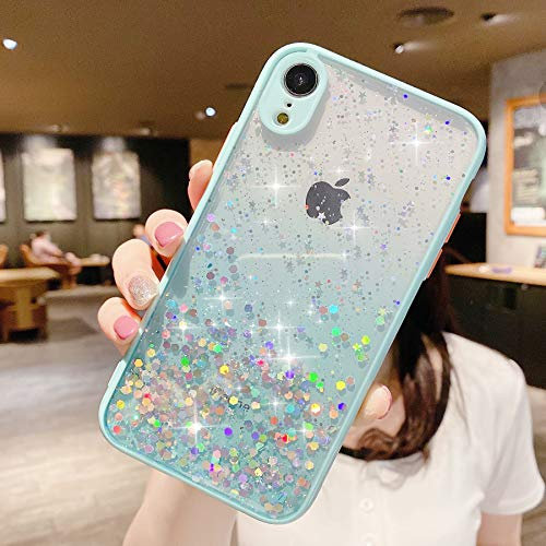 ZTUOK Compatible with iPhone XR Case for Women Girls,Silicone Gel Shockproof Clear Sparkly Bling Stars Phone Case Glitter Cover for iPhone XR-Mint Green