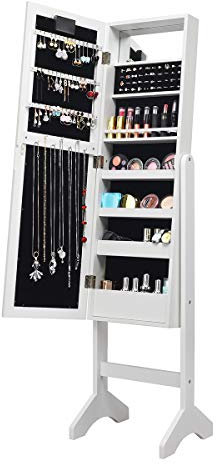 COSTWAY Armoire à Bijoux sur Pied avec 18 LED, Angle Réglable,Doublure en Velours Doux 35 × 31,5 x 145 CM (Blanc)